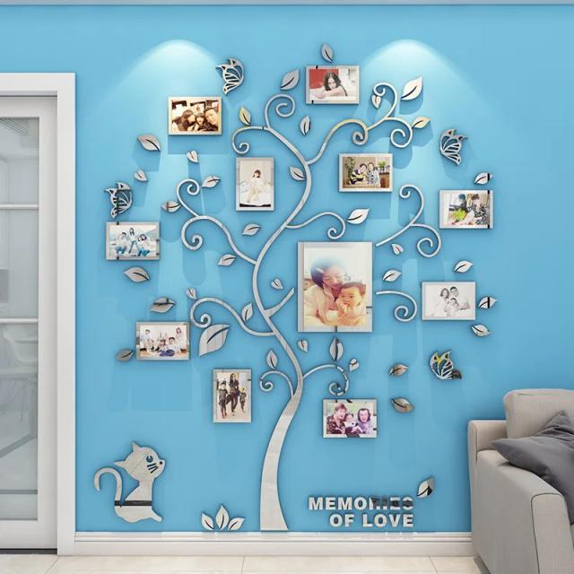 Adesivos de Parede 3D em Acrílico com Espelho para Decoração de Sala - Moldura DIY para Fotos da Família e Árvore de Fotos