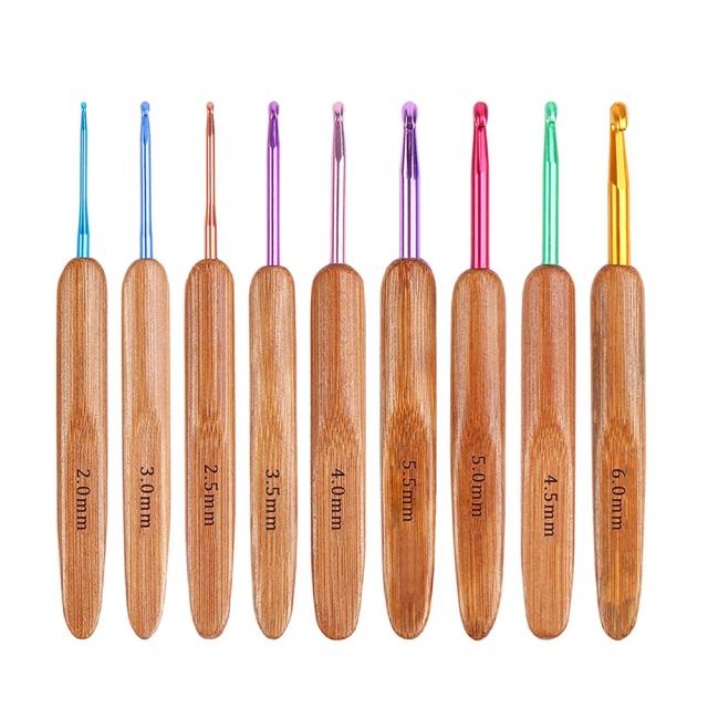 Conjunto de Agulhas de Tricô e Ganchos Multicoloridos em Bambu - 9 Peças para DIY Crochê (2mm-6mm)