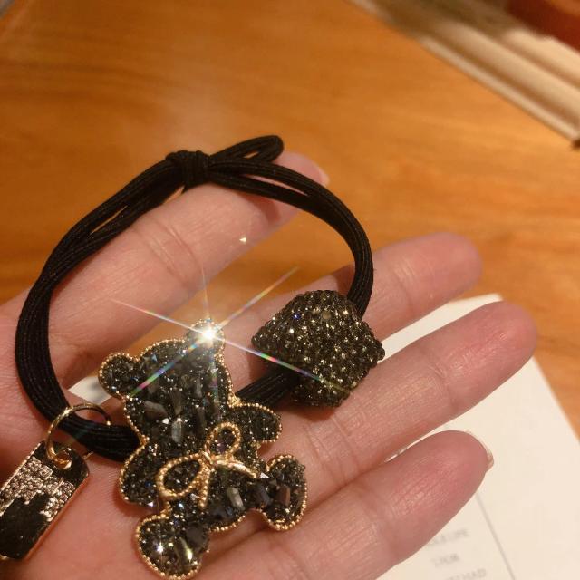 Cordas Elásticas Decoradas com Cristais para Mulheres - Elegantes Bandas de Rabo de Cavalo com Laço de Urso