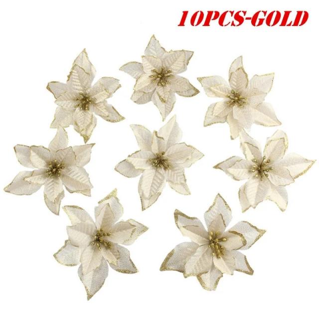 Flores de Natal Poinsétia Glitter com 10 Lantejoulas Artificiais para Decoração de Árvores e Ambientes - 5,5"
