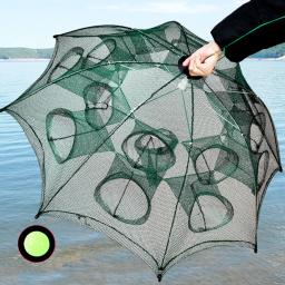 Rede de guarda-chuva dobrável para alimentador de peixes Cesta de lagosta Gaiola de pesca Armadilha de caranguejo Ferramenta de gaiola de caranguejo 4-20 buracos - Image 1