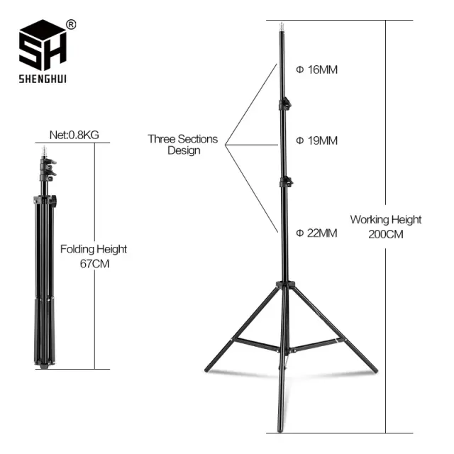 Tripé Fotográfico de 200cm com Suporte de Luz e Cabeça de Parafuso 1/4 - Ajustável para Fotografia e Anel de Luz para Telefone em Estúdio
