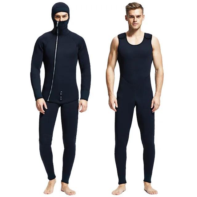 Roupa de Mergulho Masculina de Neoprene com Capuz e Zíper, 5mm, Duas Peças para Caça e Surf Subaquático