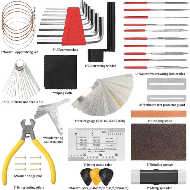 Kit Profissional de Ferramentas de Luthier para Reparo e Manutenção de Guitarras - 54 Peças Completas para Limpeza e Configuração