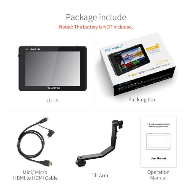Monitor de Campo Feelworld LUT7 de 7 Polegadas com Tela Sensível ao Toque, Formato de Onda, Vectorscope e Histograma para Câmeras DSLR