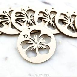 Enfeites de etiquetas de flor hibisco natural cortados a laser diy, decoração de casamento, decoração de festas, joias de madeira, anéis de orelha diy - Image 3