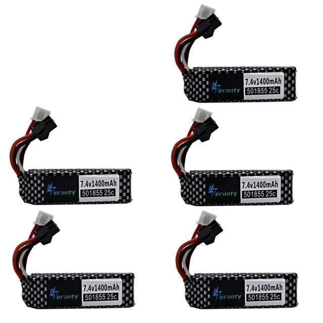 Bateria Lipo 2S 7.4V 1400mAh 25C para Pistolas de Água e Mini Airsoft - Conjunto com 5 Peças