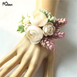 Meldel rosa bud bracelete de pulso, corsage, mão, flor, homem, bufante de seda artificial, chá, damas de honra, broche de baile de casamento - Image 6