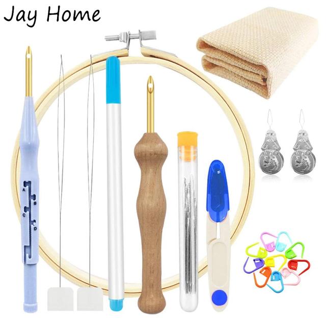 Kit Completo de 10 Peças para Bordado: Agulhas de Perfuração Ajustáveis, Pano e Aros para Artesanato DIY