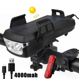 Suporte de celular para bicicleta, lâmpada multifuncional de led com carregamento solar usb para bicicleta, lâmpada com bateria frontal de 4000mah - Image 2