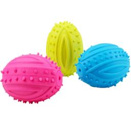 Brinquedo guinchado do cão para o cão de estimação mastigar brinquedo borracha pequena bola rugby squeaky amarelo azul rosa - Image 4