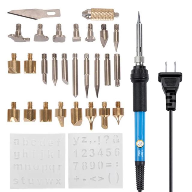 Kit Completo de Ferramentas para Pirografia e Soldagem: Ferro de Solda Ajustável 60W com 30 Acessórios para Escultura e Gravação em Madeira