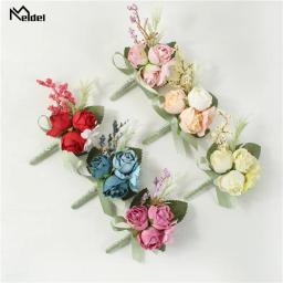 Meldel-Corsage de pulso para casamento, boutonniere masculino, pulseira, alfinetes do noivo, flor de corsage de pulso, rosa vermelha seda - Image 3