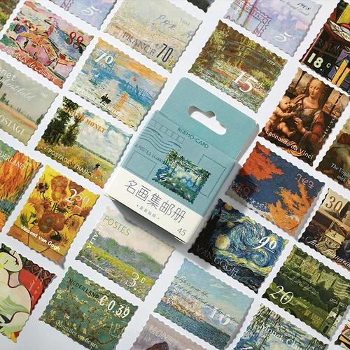 Coleção de Adesivos Decorativos com Obras de Van Gogh e Monet - 45 Peças para Scrapbooking e Artesanato
