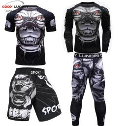 Mma roupas dos homens kickboxing treino 3d impressões mma t camisa + calças shorts muay thai bjj boxe esporte terno rashguard conjuntos de fitness - Image 1