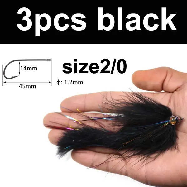 Iscas de Coelho Vampfly 2/0 para Pesca em Água Salgada - Conjunto com 3 Peças em Cores Preta, Branca e Amarela