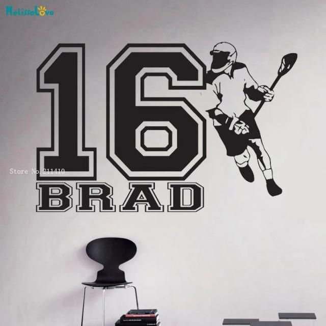 Adesivos de Parede Personalizados com Números Grandes e Nome, Tema Lacrosse, Decalques Removíveis para Decoração Esportiva em Casa, Modelo IT3953
