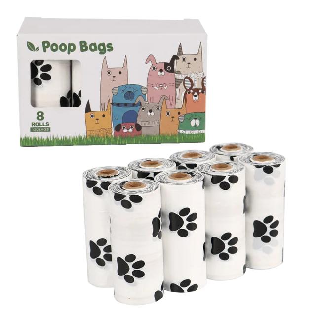 Sacos de Cocô de Cão Compostáveis 100% Veganos com Impressão de Pata Branca - Rolos Recarga Amigáveis ao Meio Ambiente