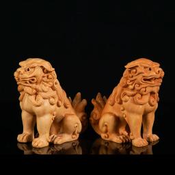 Estátuas do guardião chinês, leões gêmeos do Feng Shui, madeira maciça artesanal - Image 2