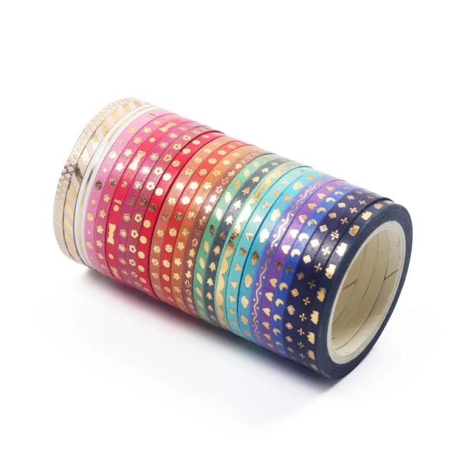 Fitas Washi Coloridas Douradas com Mini Flores e Estrelas - Conjunto com 24 Peças de 3mm para Decoração de Álbum e Diário