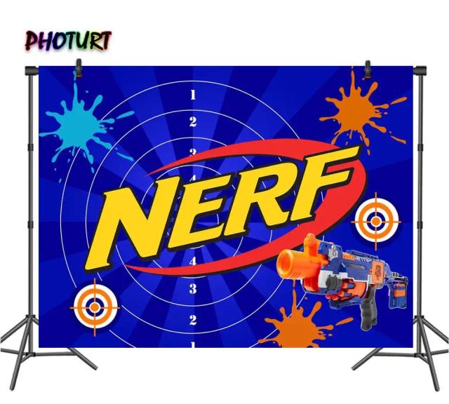 Nerf Hoturt: Pano de Fundo Azul para Festas de Aniversário de Crianças com Tema de Brinquedos em Vinil Poliester