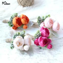 Meldel rosa bud bracelete de pulso, corsage, mão, flor, homem, bufante de seda artificial, chá, damas de honra, broche de baile de casamento - Image 5