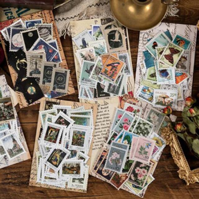 Conjunto de 46 Selos Postais Adesivos Vintage para Scrapbook e Decoração - Estilos Variados para Colecionadores e Amantes do DIY