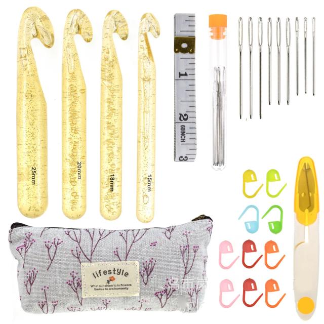 Conjunto Completo de Agulhas de Crochê com Estojo - 14 Tipos para Artesanato e Tricô, Inclui Tesouras e Marcadores para Costura