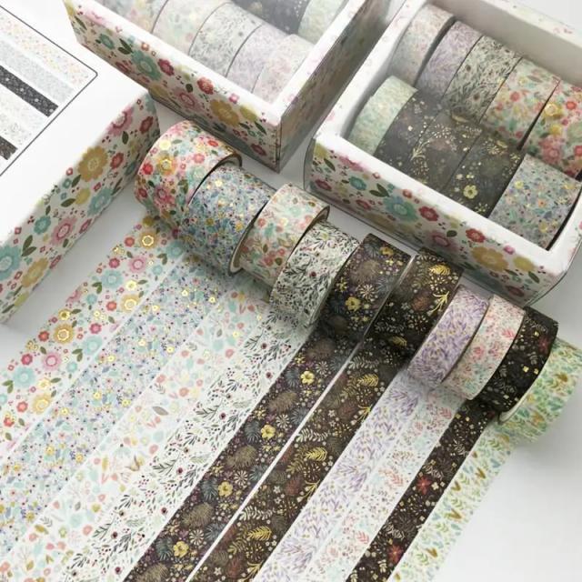 Conjunto de Fitas Decorativas Washi com Folha de Ouro e Padrão Floral para Scrapbook, Embalagens e Projetos de Artesanato DIY - 10 Rolos