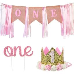 Decoração para festas de aniversário infantil, faixa de bolo com coroa de flores, balões e suprimentos para festa de bebês meninas - Image 1
