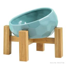 Tigela de cerâmica com suporte de bambu para cães e gatos, cachorro água comida e bebedouro alimentador, alimentador antiderrapante de gatos e cães - Image 5