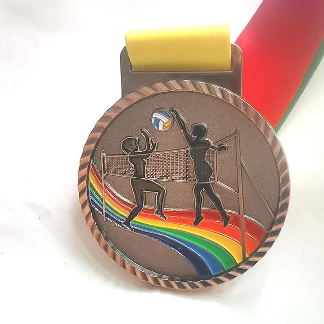 Medalha de Voleibol em Metal com Fita Personalizada para Jogos Escolares - 6,8 cm, Impressão Grátis e Design Moderno