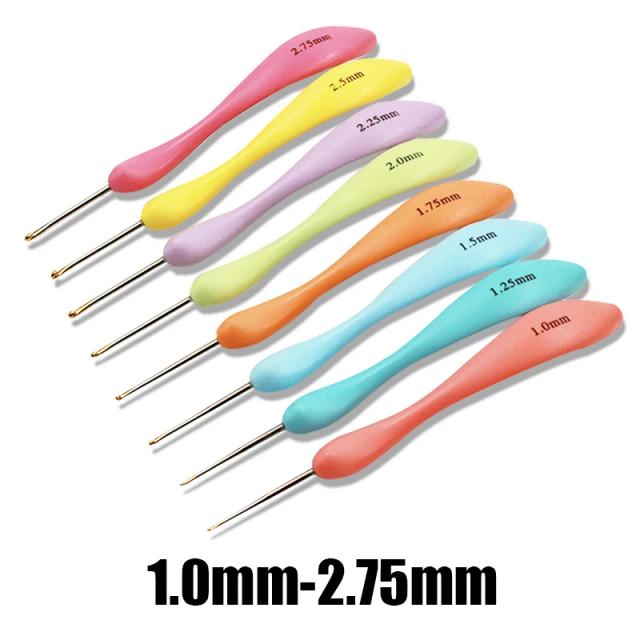 Conjunto de 8 Agulhas de Crochê Ergonômicas de Aço com Punho de Borracha Colorido e Confortável 1.0-2.75mm