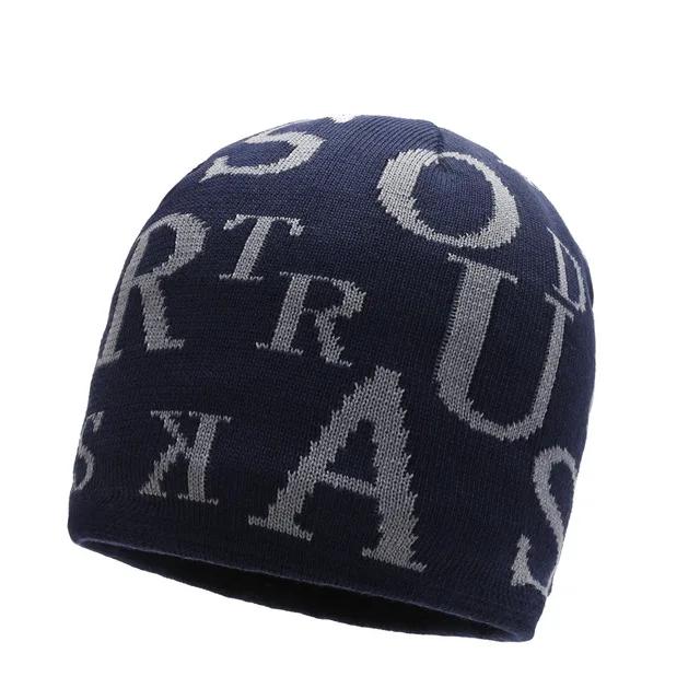 Gorros bordados com letra grossa para mulheres e homens, boné de malha, gorro feminino, forrado a lã, capota quente, casual, outono, inverno