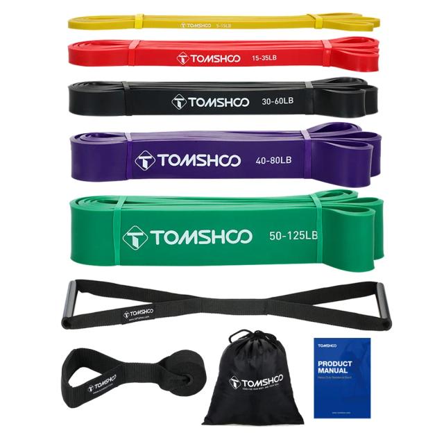 Conjunto de 5 Faixas Elásticas Tomsapo para Exercícios de Resistência com Porta e Alça para Flexão