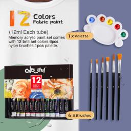 COLORIDO-Conjunto de tinta de tecido para roupas, Conjunto com 6 pincéis, 1 paleta, 12 cores permanentes têxteis, Kit de pintura inchada para sapatos, lona - Image 2