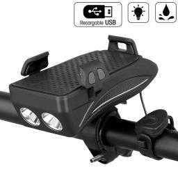 Lanterna de bicicleta multifunções 400 lúmens, luz led 4 em 1, suporte para buzina de bicicleta, lâmpada frontal, suporte para celular - Image 1