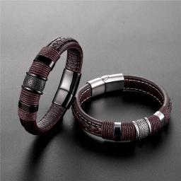 Pulseira masculina de couro legítimo, pulseira com botão magnético de aço - Image 5