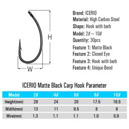 Icerio agulha de gancho, 30 peças, preto fosco, gancho para cabeça de carpa, afiada, curva, ganchos para pesca de carpa - Image 2