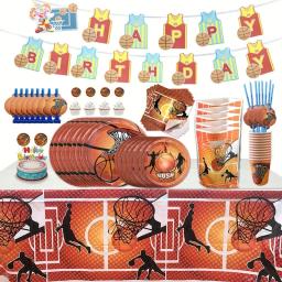Conjunto de artigos para festas de basquete banner pratos copos guardanapos toalha de mesa bolo toppers tema esporte festa de aniversário decoração meninos - Image 4