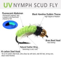 Bimoo 6PCS # 12 fluorescente ninfa scud bug worm mosca uv latão grânulo cabeça moscas molhadas grayling pesca isca de mosca afundando rápido - Image 2