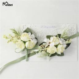 Meldel-Corsage de pulso para casamento, boutonniere masculino, pulseira, alfinetes do noivo, flor de corsage de pulso, rosa vermelha seda - Image 6