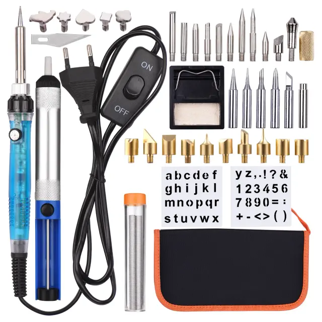 Kit Profissional de Pirografia com 38 Peças - Caneta com Botão Liga/Desliga e Temperatura Ajustável de 200 a 450 ℃