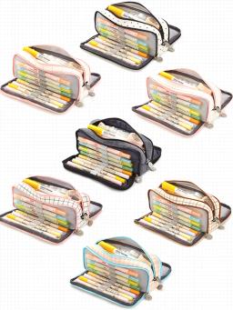 Pensil saco estacionário kawaii multi compartimentos caixa de lápis 3 zíperes caneta bolsa organizador grade quadrada cosméticos armazenamento titular em - Image 2