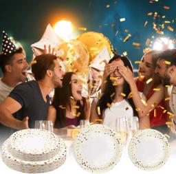 Louça descartável para festa de casamento, chapas e copos de papel branco, suprimentos coleção ouro, aniversário do bebê e dia dos pais - Image 5