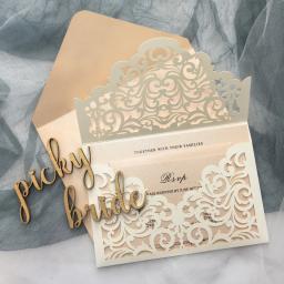 Convites de casamento elegantes cartões marfim corte a laser convites com blush rosa shimmer insert-conjunto de 50 peças - Image 6
