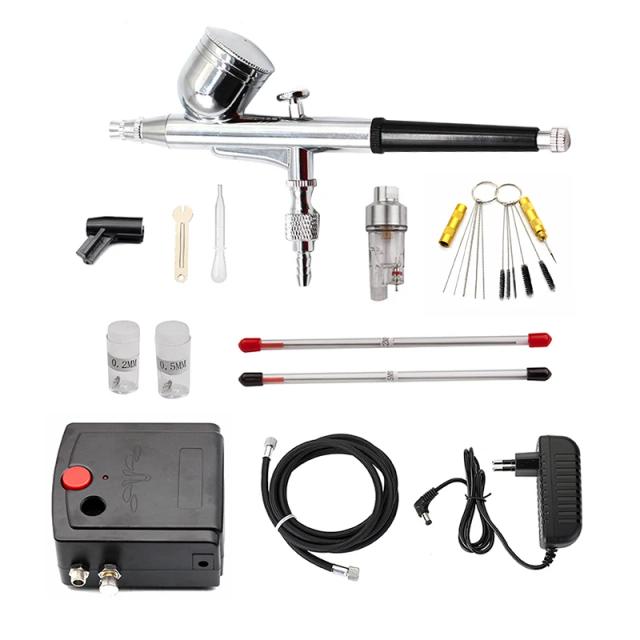 Spray Gun Airbrush Dual-Action com Compressor 0.3mm - Kit Completo para Pintura de Unhas, Modelos, Bolos e Carros