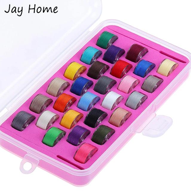 Conjunto de 28 bobinas coloridas para máquina de costura e bordado com caixa organizadora e suporte inclusos