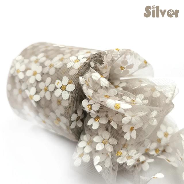 Fita Tule Floral Margarida e Flores de Cerejeira para Artesanato e Decoração de Cabelo - 6cm, 25 Jardas