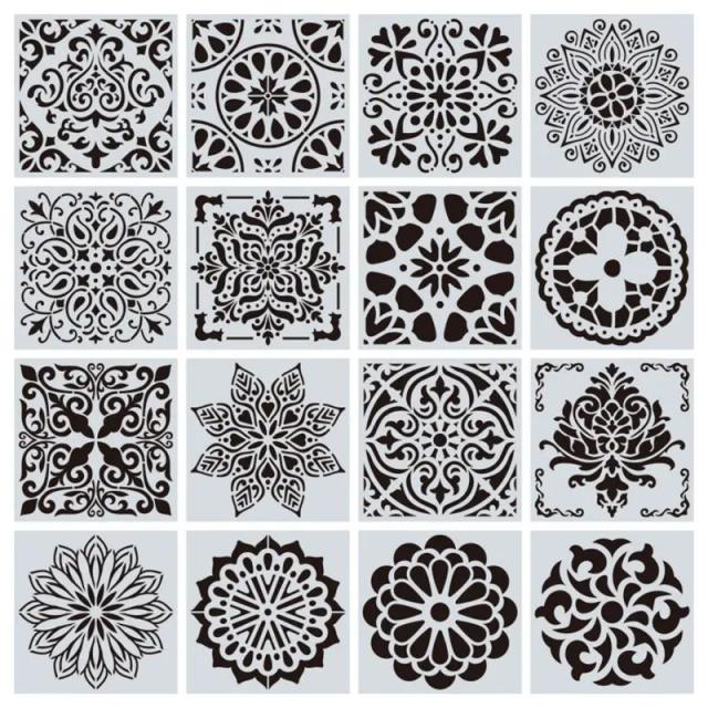 Conjunto de 16 Stencils Reutilizáveis para Pintura de Mandalas - 15x15cm para Chão, Parede, Azulejos, Tecido e Móveis